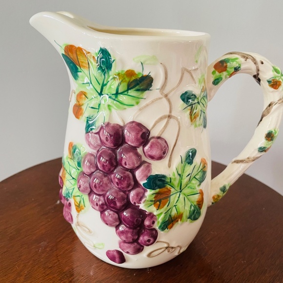 Vintage ceramic pitcher with raised purple grapes and green leaves, Pitcher - Picture 2 of 6
